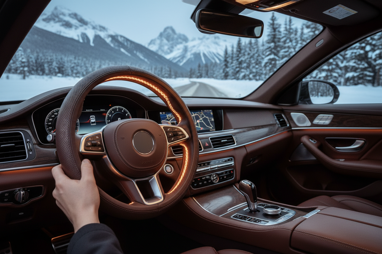 Luxury winter car interior, premium e-commerce hero image.
Heated steering wheel cover with strong but realistic orange heat glow around the rim.
Steering wheel positioned left of center, occupying 45–50% of the frame.
Clean empty space on the right for headline and CTA.
Snowy mountain road visible through windshield, cold blue exterior, warm interior contrast.
Ultra-realistic photography, cinematic lighting, no logos, no text. 